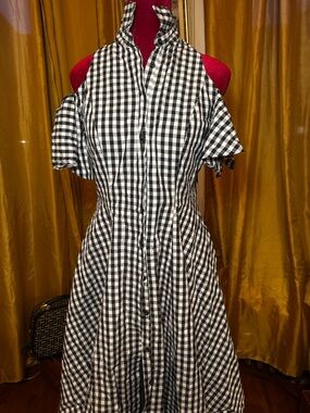 Saks Fifth Avenue Black and White Gingham Cold-Shoulder Midi Dress